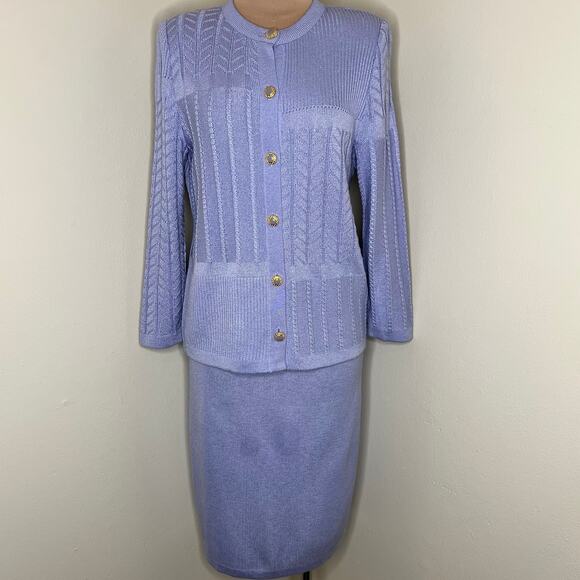 Vintage Mita Skirt Set Sweater Cardigan 4P Purple Knit Matching 2 Piece 80s Midi - Picture 1 of 10